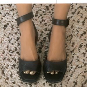 Vince Camuto black leather ankle strap wedges